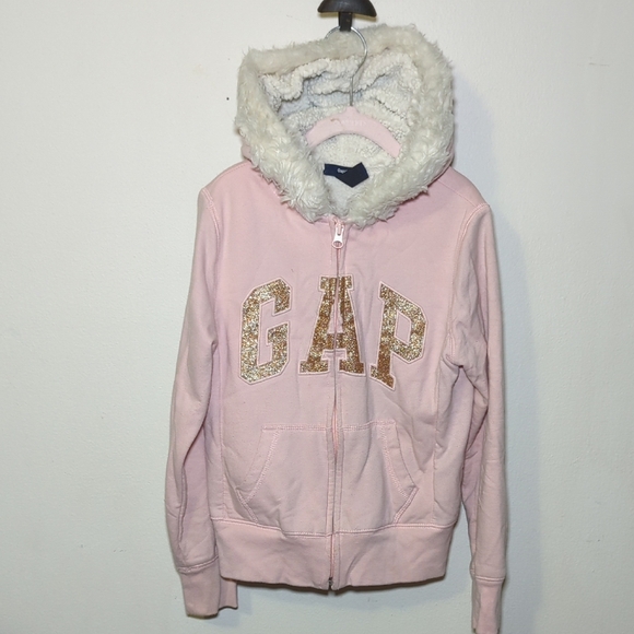 Gap Pink Glitter Graphic Hoodie with Faur Fur + Sherpa Lining Girls Size M 8-9 - Picture 1 of 5